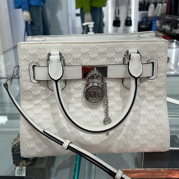 Michael Kors Hamilton Sm Logo Embossed Washed Denim Satchel Cross
Opt White 
NWT - Picture 11 of 16